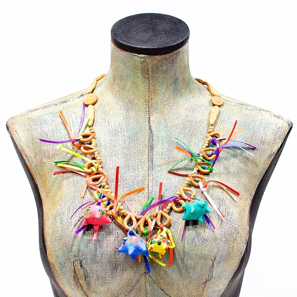 VTG 80's Mexican Fiesta Ceramic Piggy Necklace - Picture 2 of 4